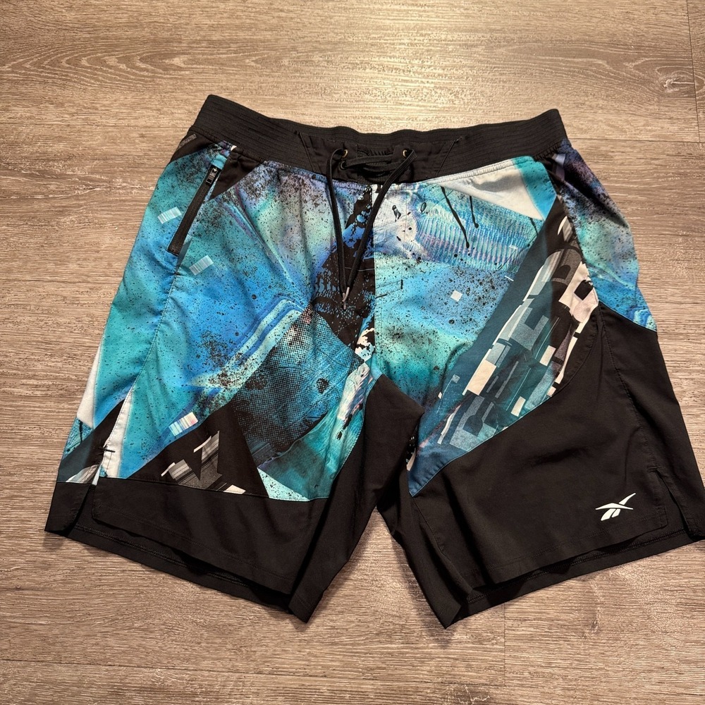 Reebok Shorts Mens‎ Medium Blue Black Performance Drawstring Geometric Abstract